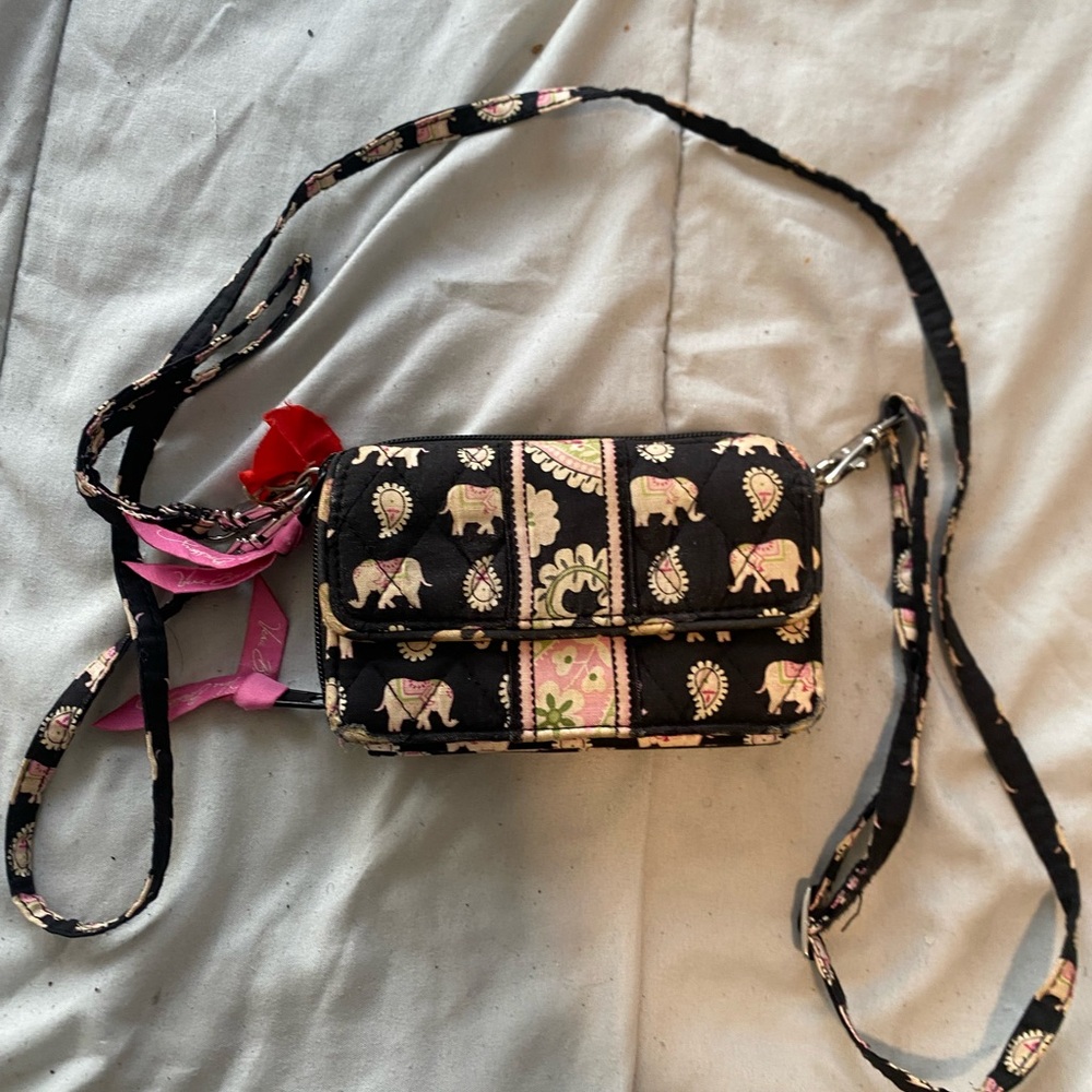 Vera Bradley Black and Pink Elephant Print Crossbody Mini Bag
